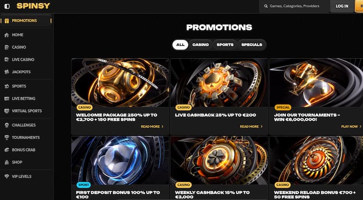 Featured promos on Spinsy, a top real money online casino in Australia.